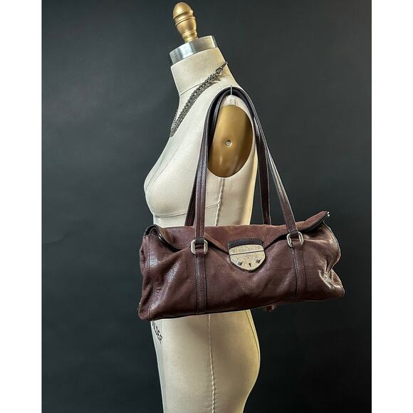Prada Chocolate Brown Leather Cervo Antik Easy Foldover Pushlock Shoulder Purse - Picture 6 of 14